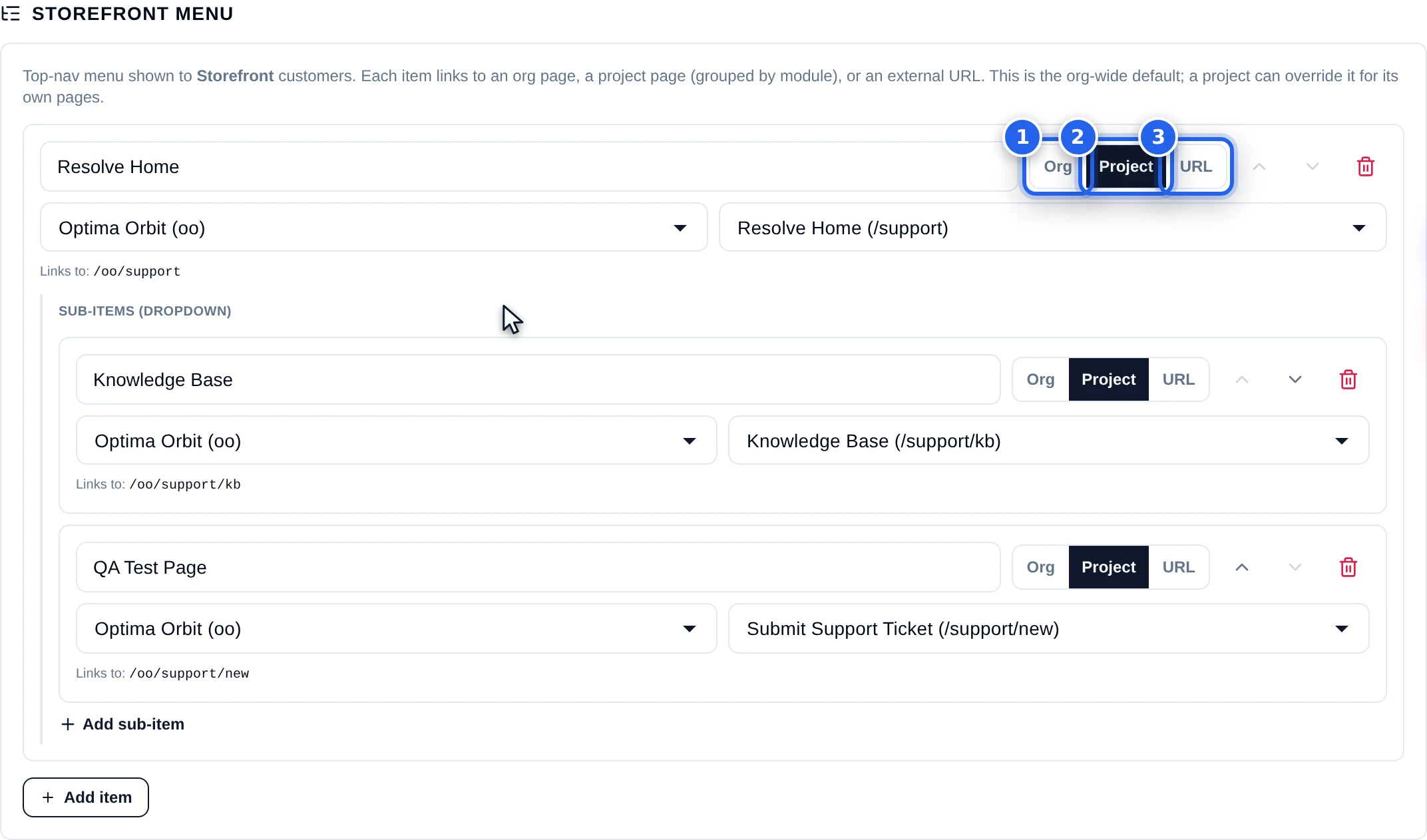 The menu editor with the Org, Project and URL link-kind buttons numbered one to three