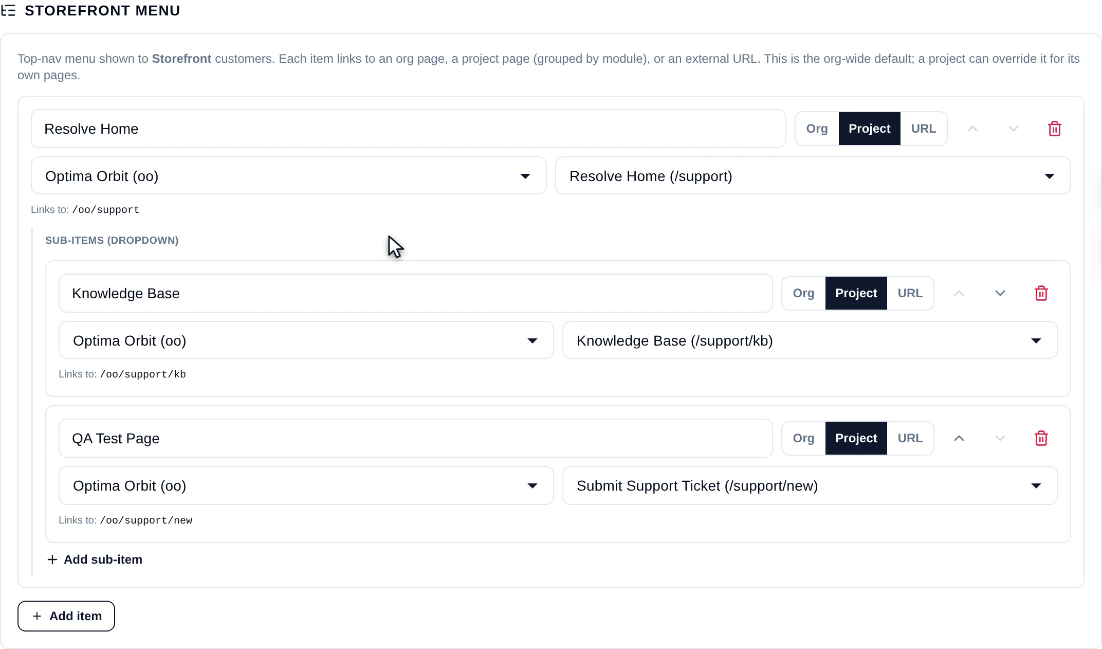 The Storefront Menu editor showing a menu item with its link-kind toggle, a project and page dropdown, a live 'Links to' preview, and two nested sub-items