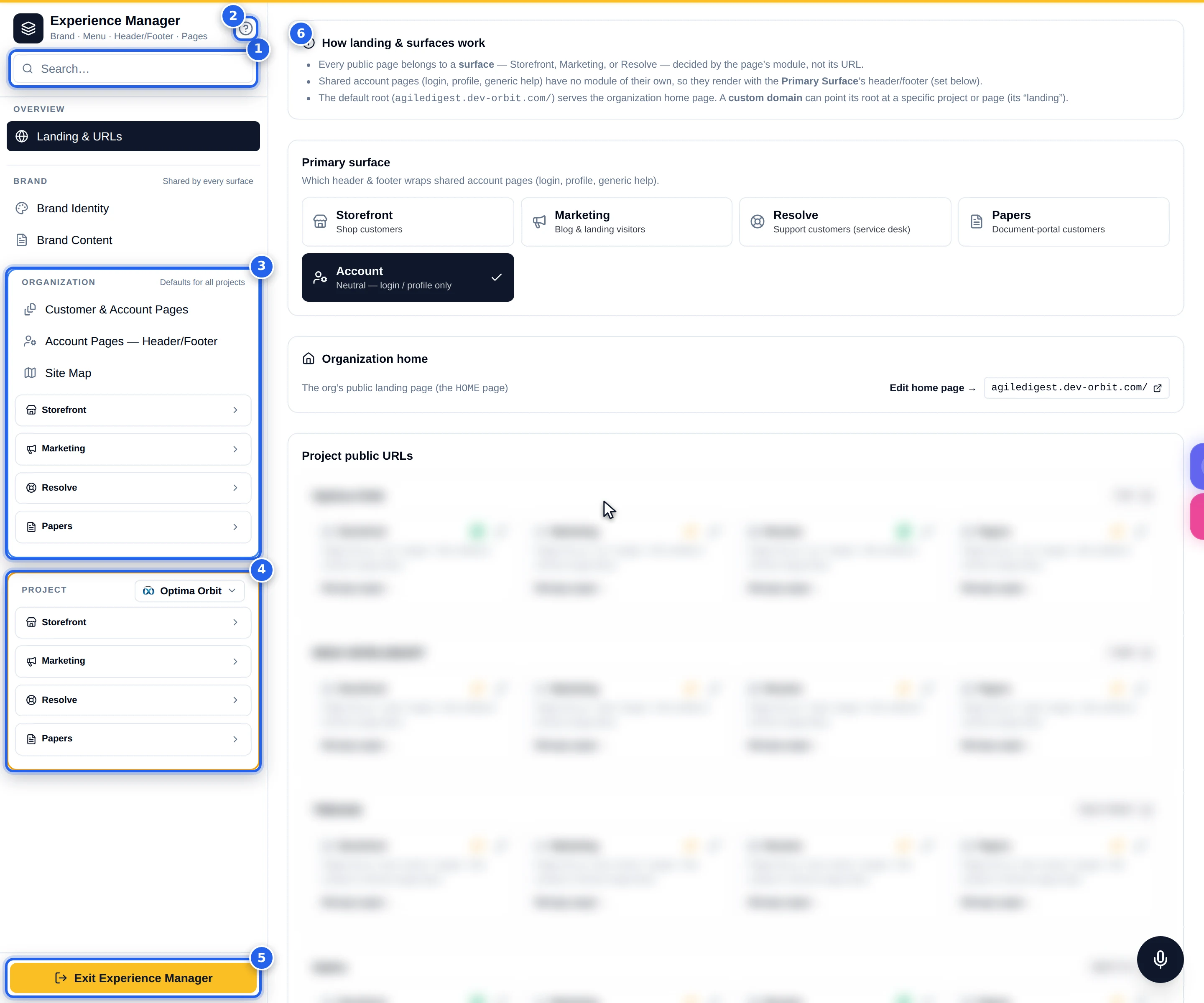The Experience Manager hub: left navigation rail with Overview, Brand, Organization and Project sections, and the detail pane on the right