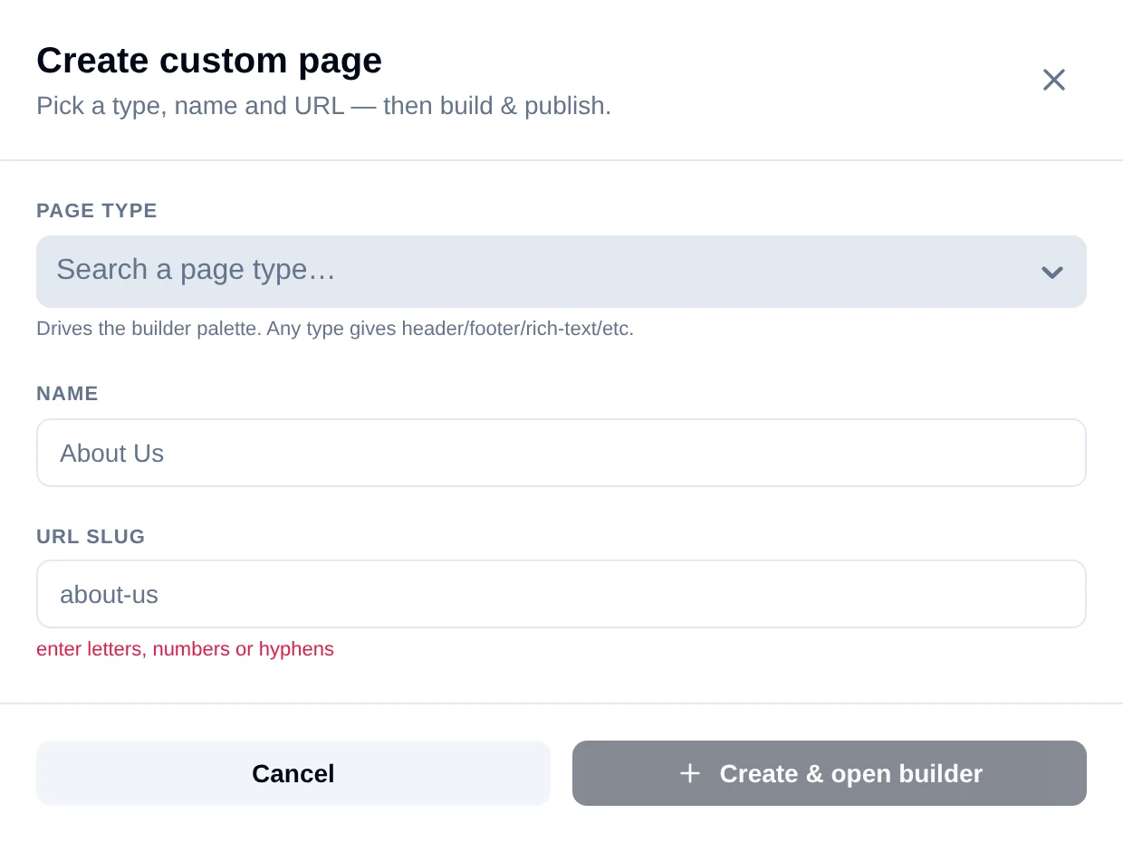 The Create custom page drawer with Page type, Name and URL slug fields and a Create and open builder button
