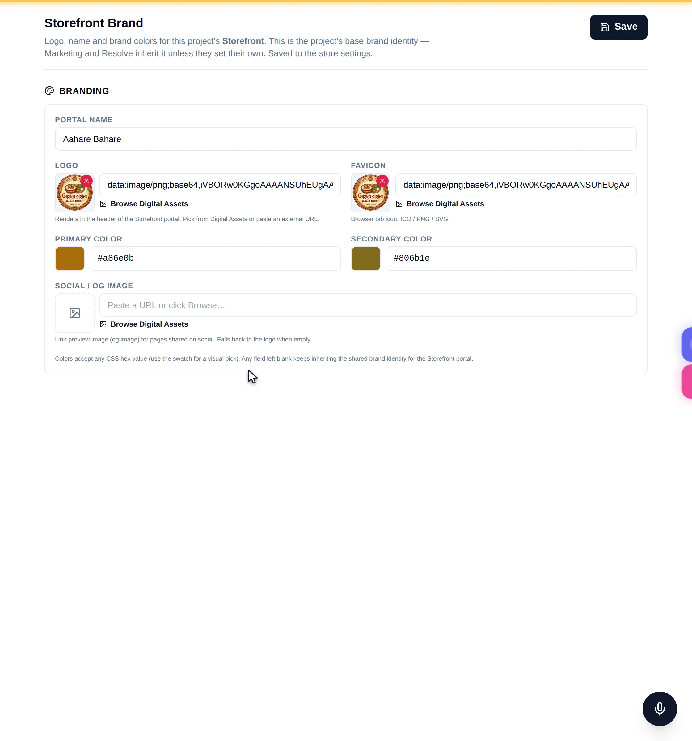 The project Storefront Brand editor showing logo, colour and name overrides for a single project