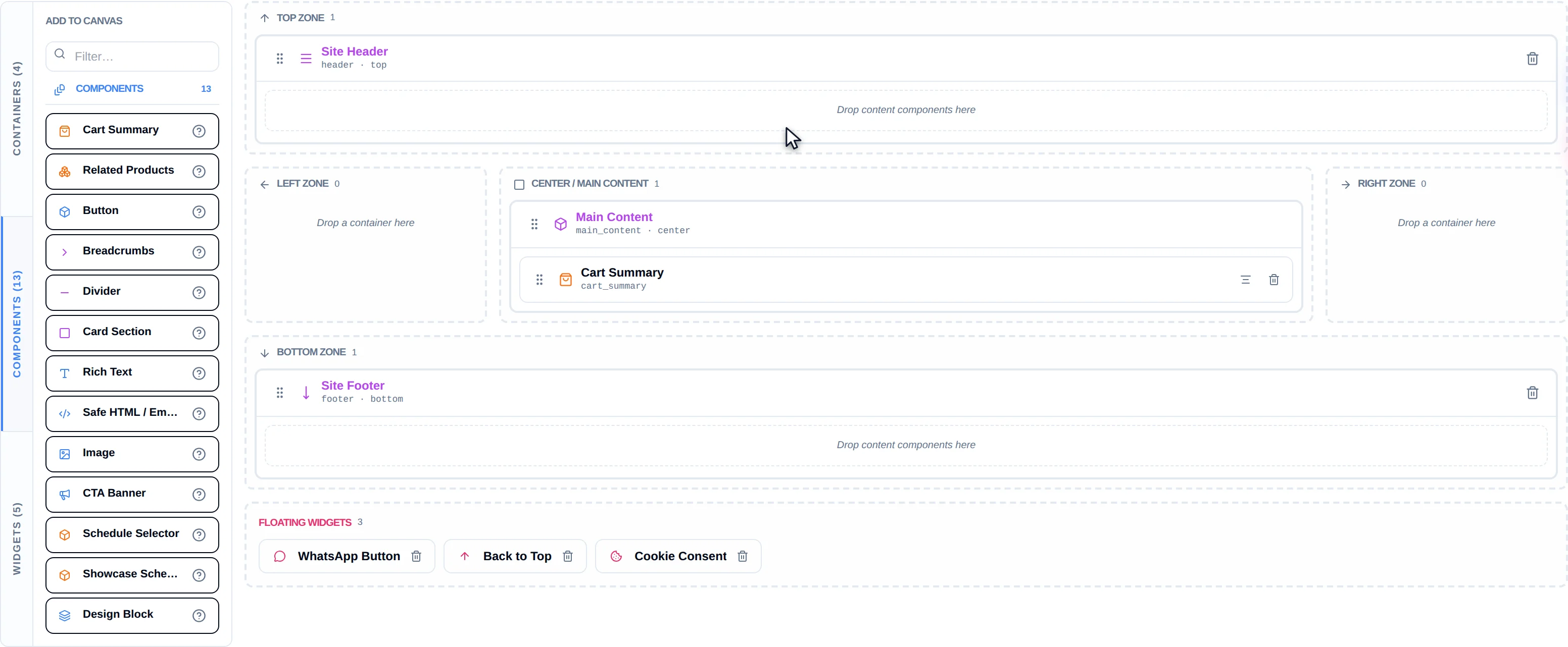 The builder workspace with the component palette on the left and the zoned canvas on the right