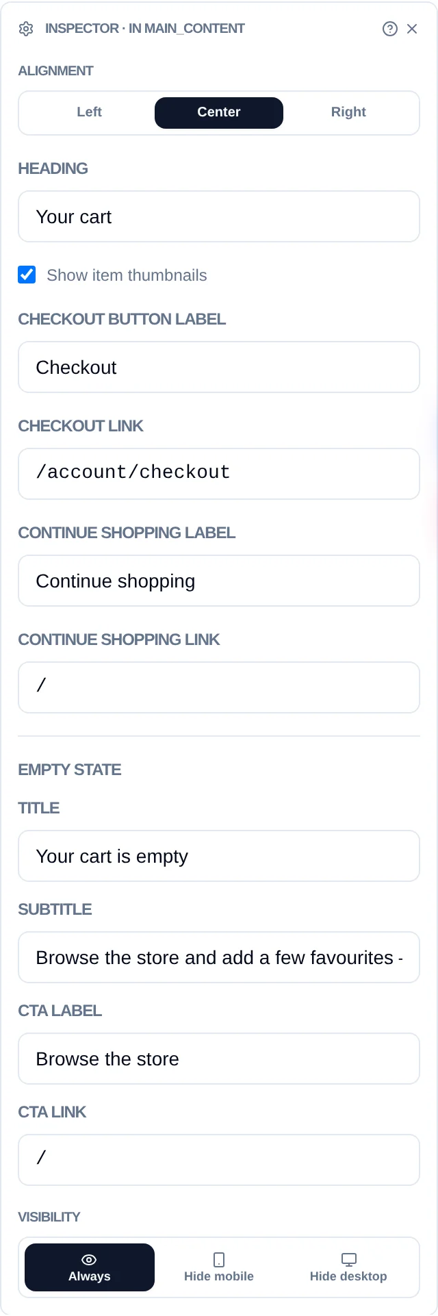 The inspector panel for a Cart Summary block, showing alignment, the block's own fields, and the visibility control