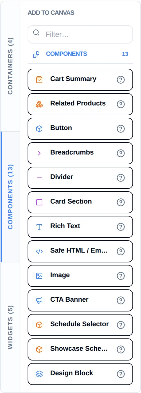 The component palette with vertical Containers, Components and Widgets tabs, a filter box, and a list of blocks