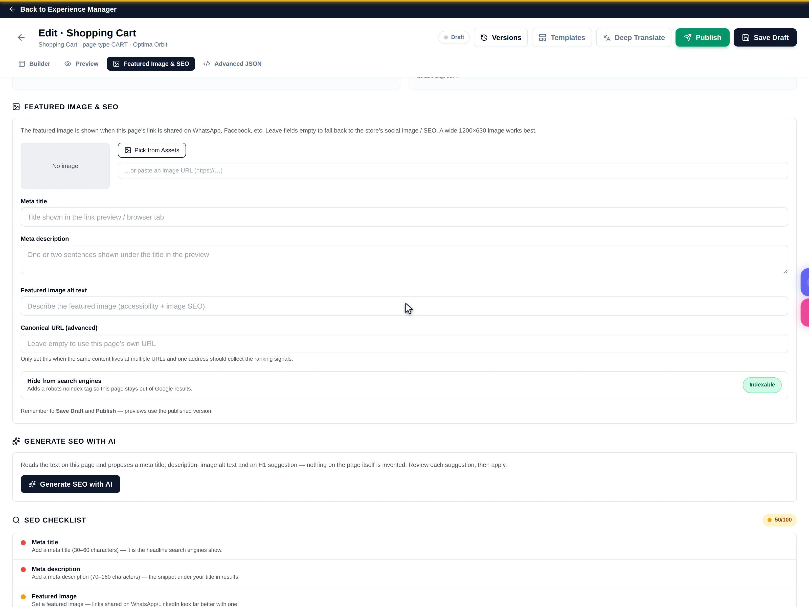 Featured Image and SEO mode showing the featured image picker, meta fields, canonical URL, indexing toggle, the AI generator and the SEO checklist