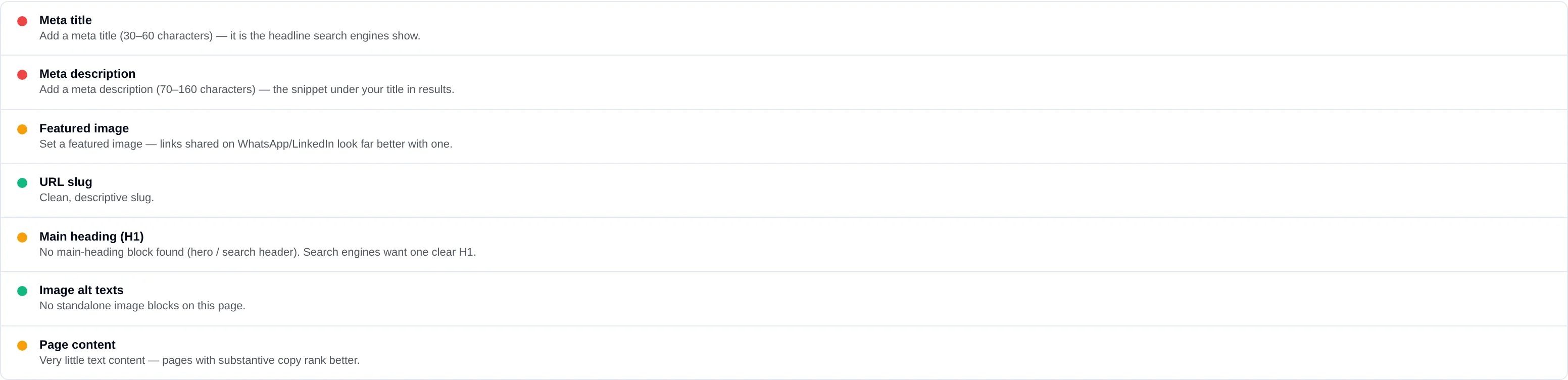The SEO checklist listing seven rules, each with a red, amber or green dot and a one-line fix