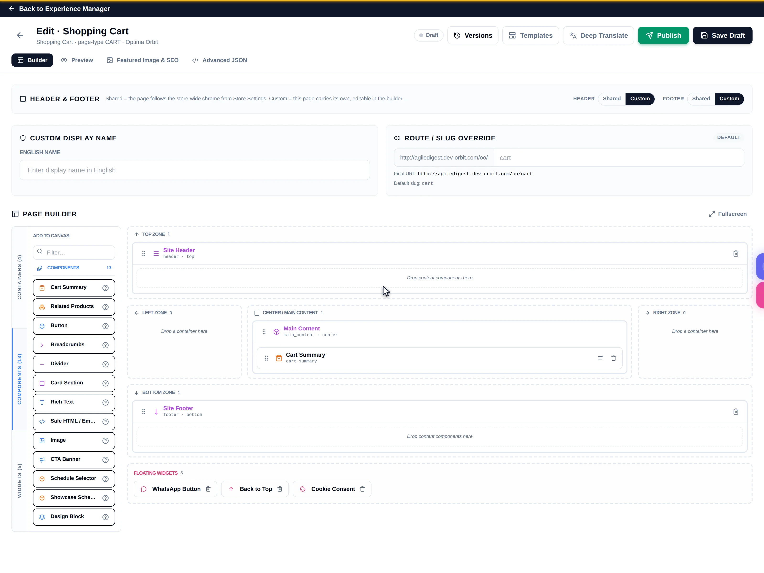 The Page Builder Studio in Builder mode, showing the action header, mode tabs, chrome bar, display name and slug cards, and the palette and canvas